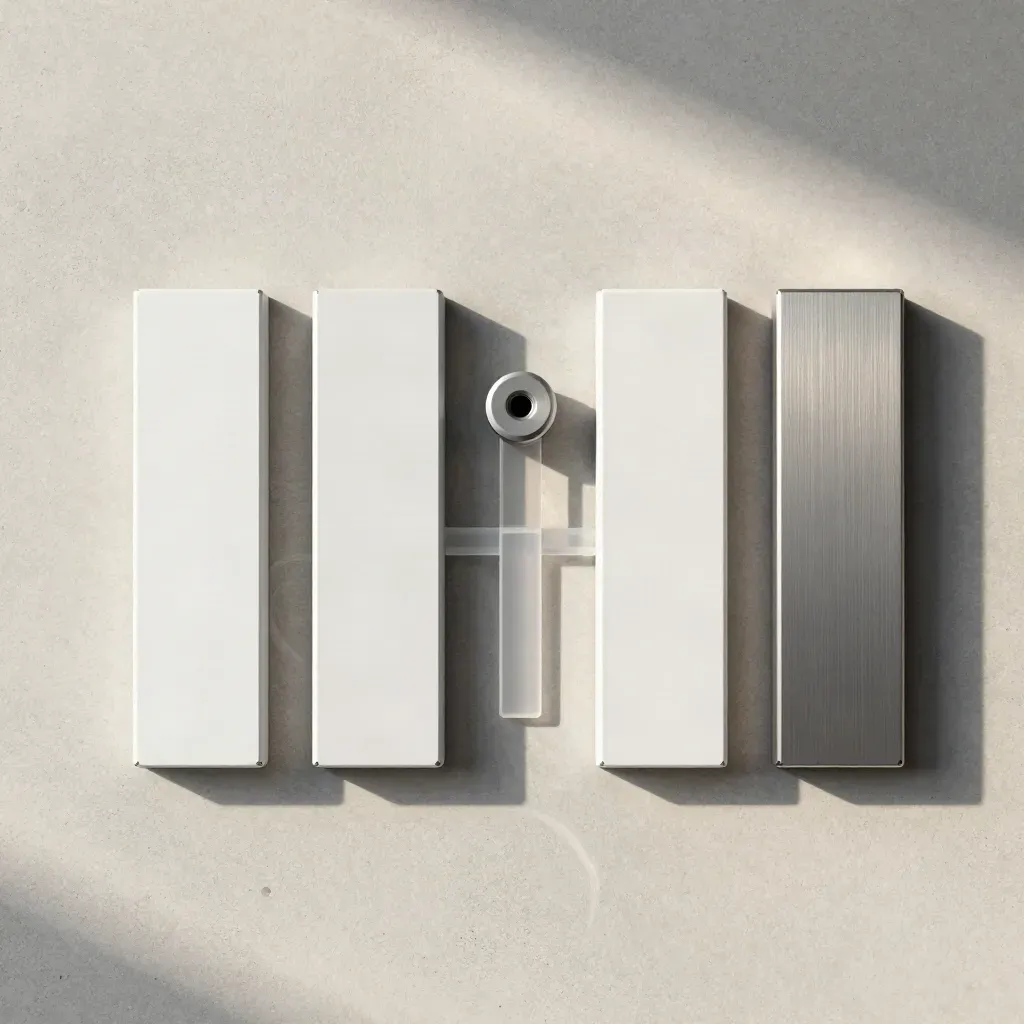 Overhead flatlay of sync modules, connectors and a calibration puck on pale concrete.
