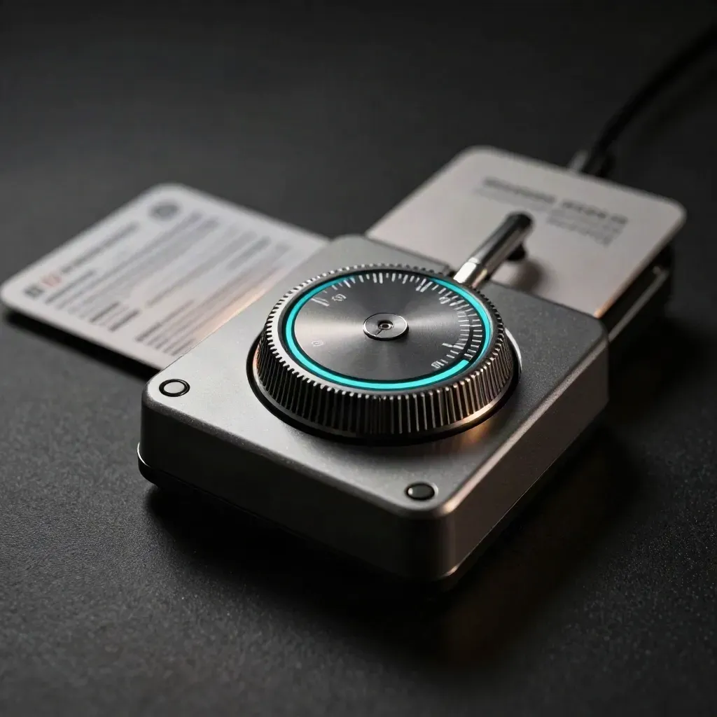 Matte control device with margin dial and teal glow on black surface