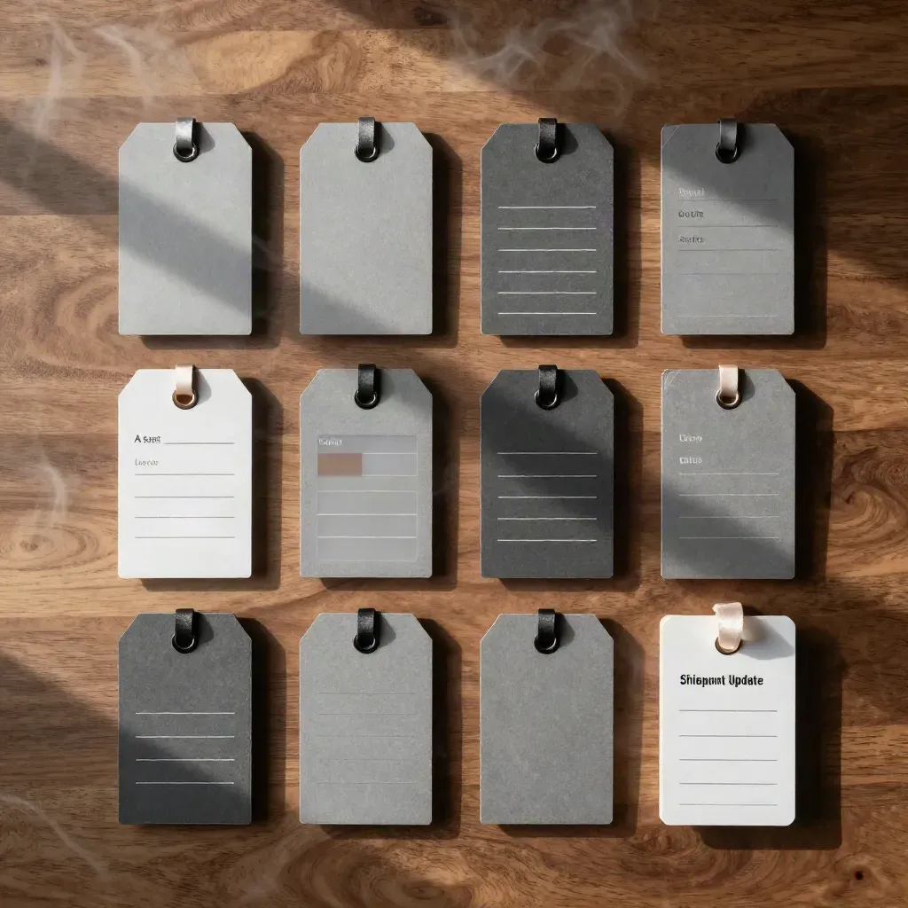 Top-down flatlay of shipping update tools on walnut-brown wood with soft haze and slate accents