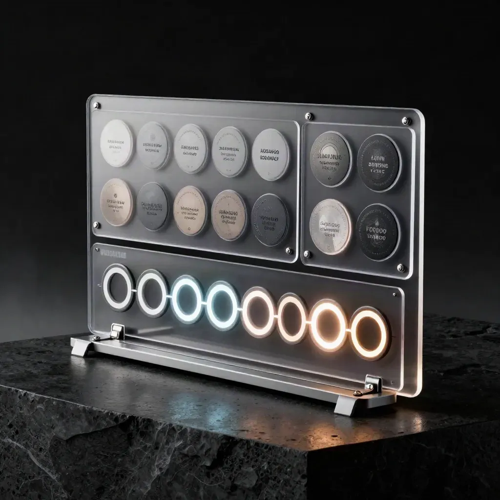 Dark dashboard sync bundle with tracking panes and glowing rings on matte-black surface.