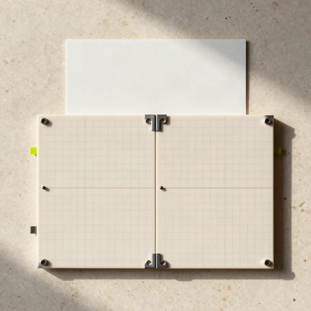 Overhead flatlay of grid tiles, connector tabs and routing pegs on pale travertine with lime accents
