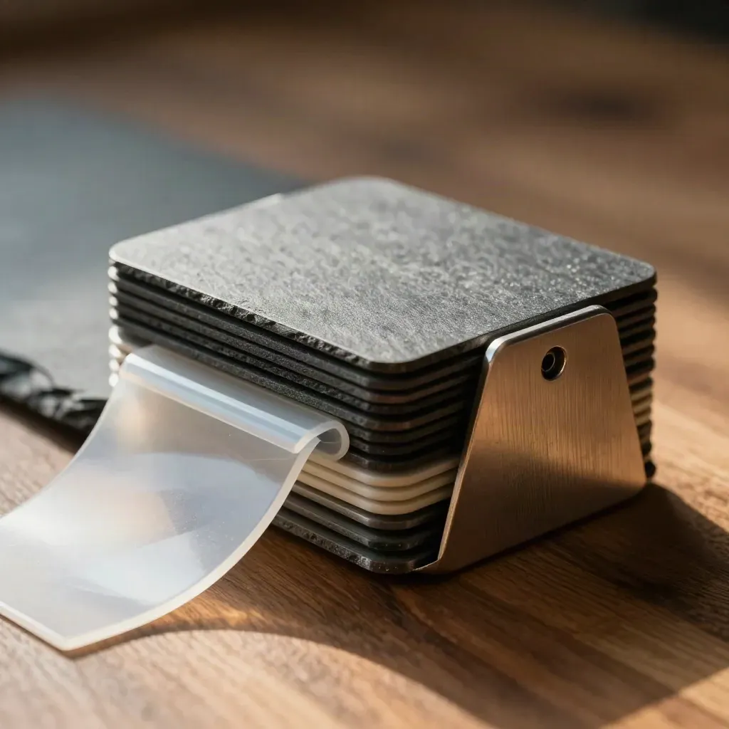 Macro stock alert kit with slate beacon puck, reserve tags and warning wedges on walnut.