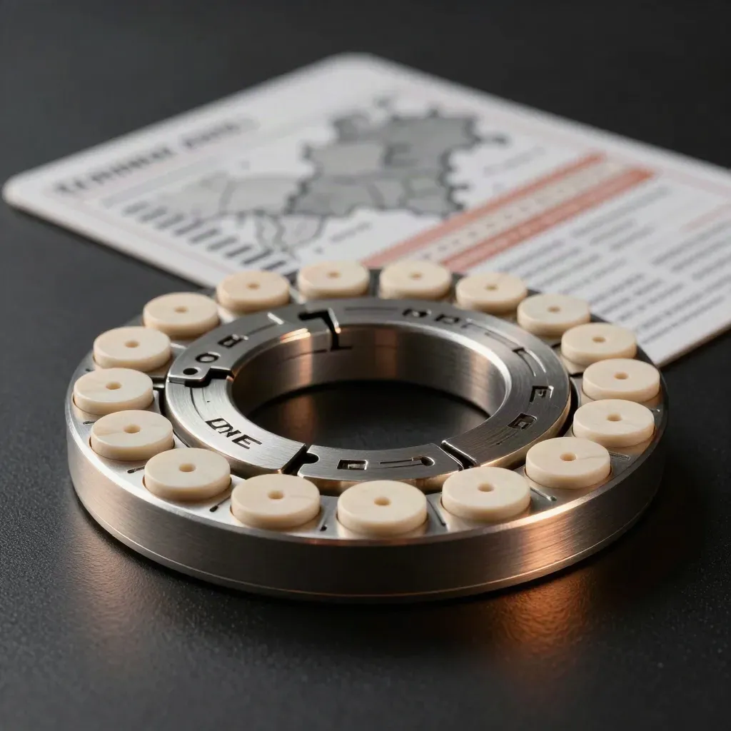 Macro of shipping zone rings, route braces and map-pin discs on a dark studio surface.