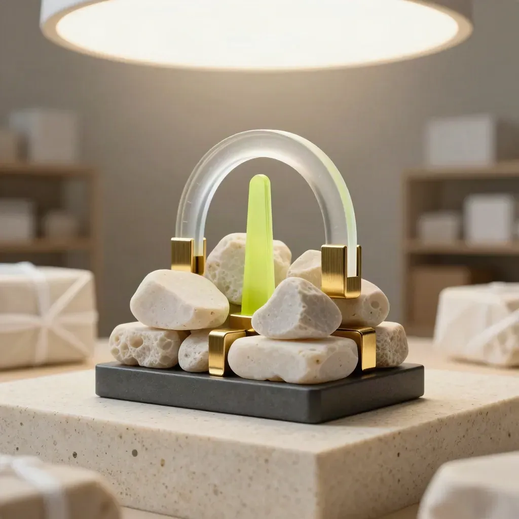 Travertine plinth with brass clips, cost stones and lime warning arc in a hazy studio hero.