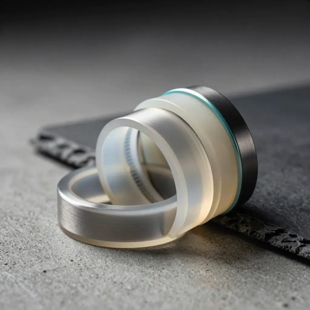 Macro of nested rings, colour swatches, and a comb-like organizer on concrete with teal accents.