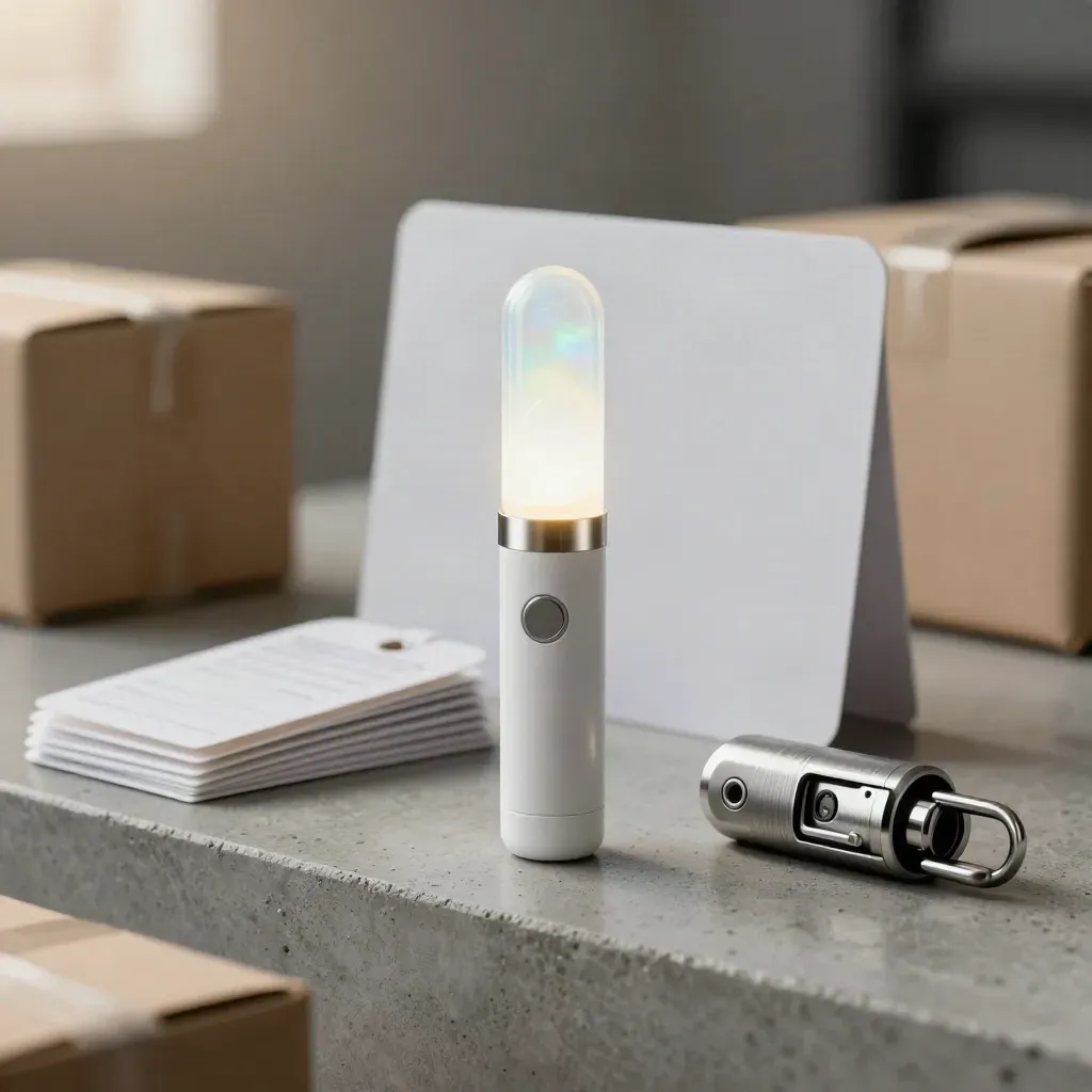 White order status SMS kit with pulse light and courier tags on cool concrete