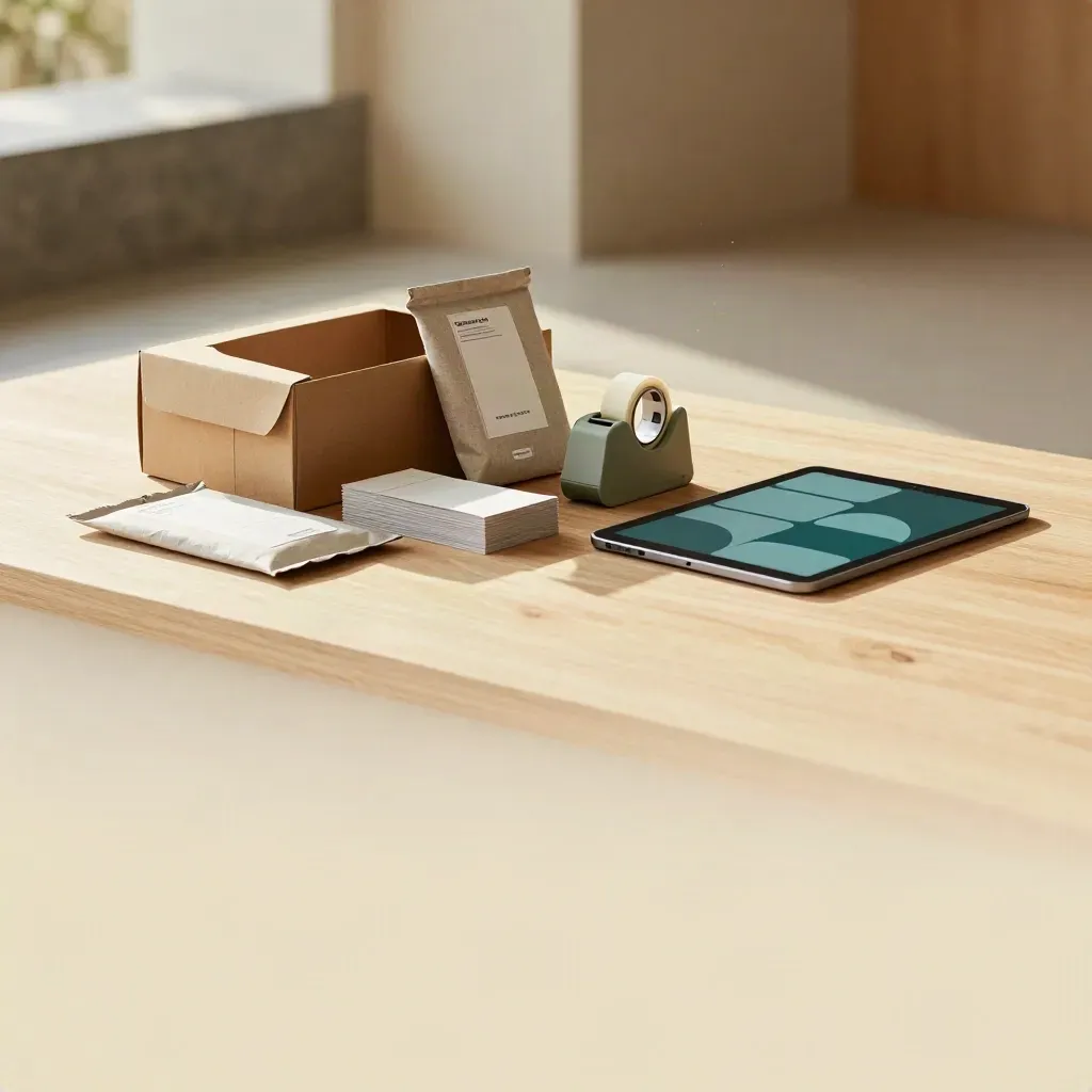 Shopify tools still life on pale oak with parcel boxes, labels, and a soft teal tablet glow.